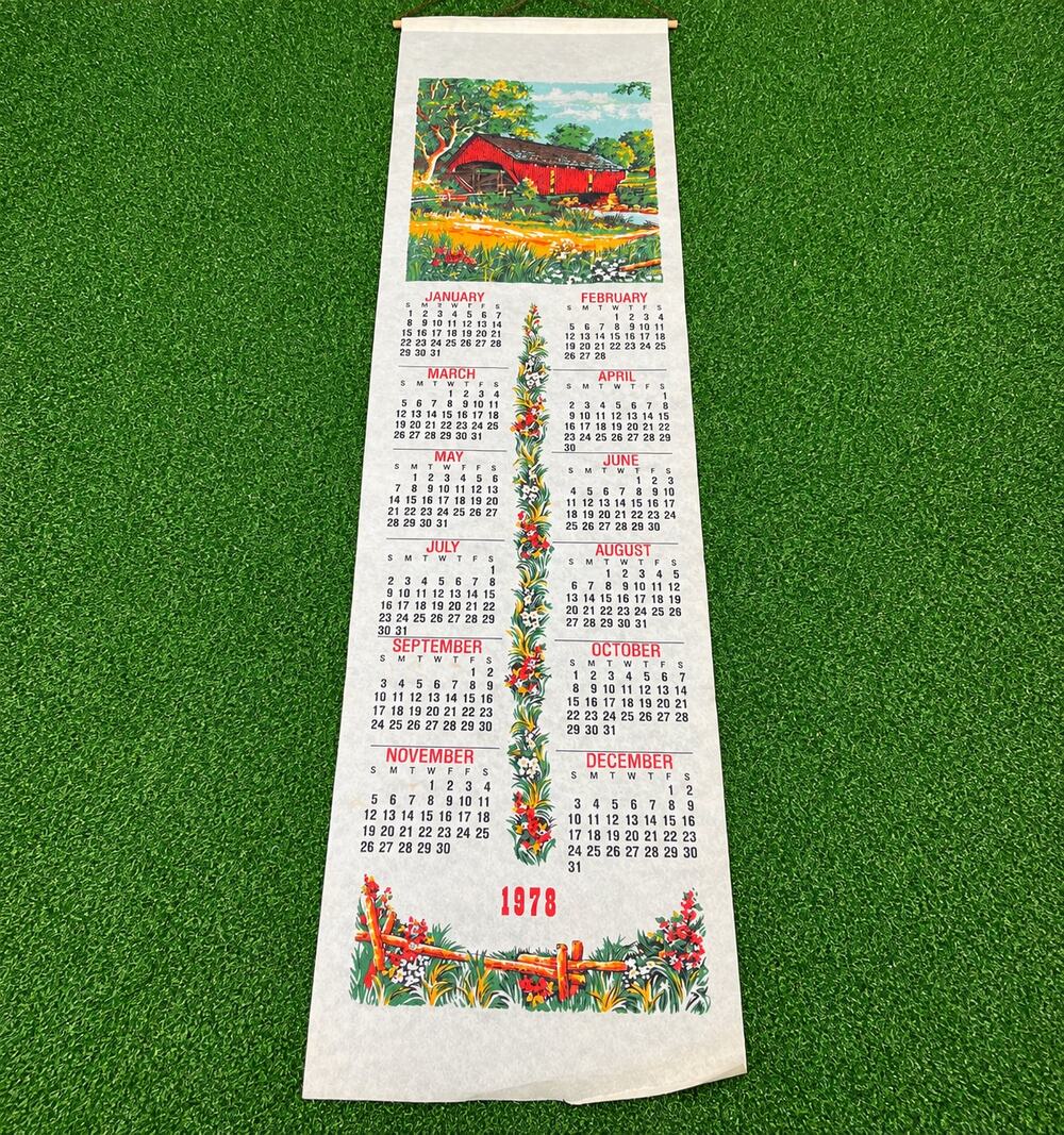Vintage 1978 Covered Bridge Calendar Wall Hanging Felt 36" Country Farmhouse